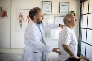 doctor conducts physical exam on the patient for lower left back pain