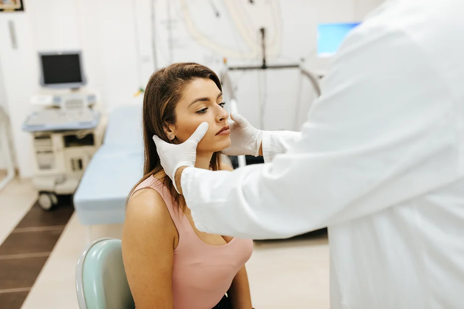 a doctor examines his patient for neck pain and sinus problems